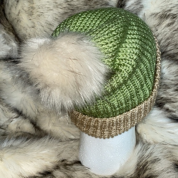 Pistachio Green and Country Beige Beanie w/ Grey Pom Pom - Hand Knit By Douglas - Picture 2 of 3